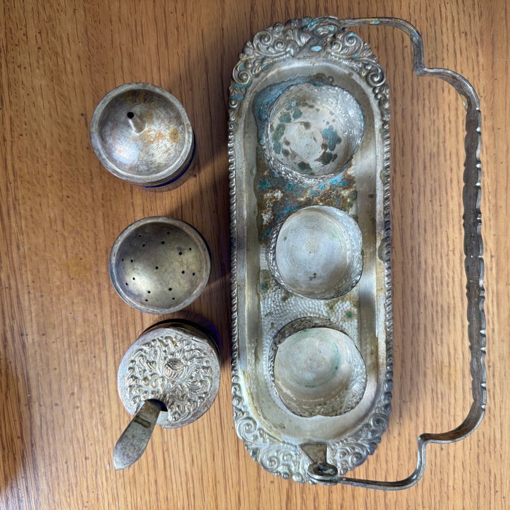 Victorian Era Antique Silver Plated Cobalt Blue Condiment Serving Caddy - Picture 15 of 16